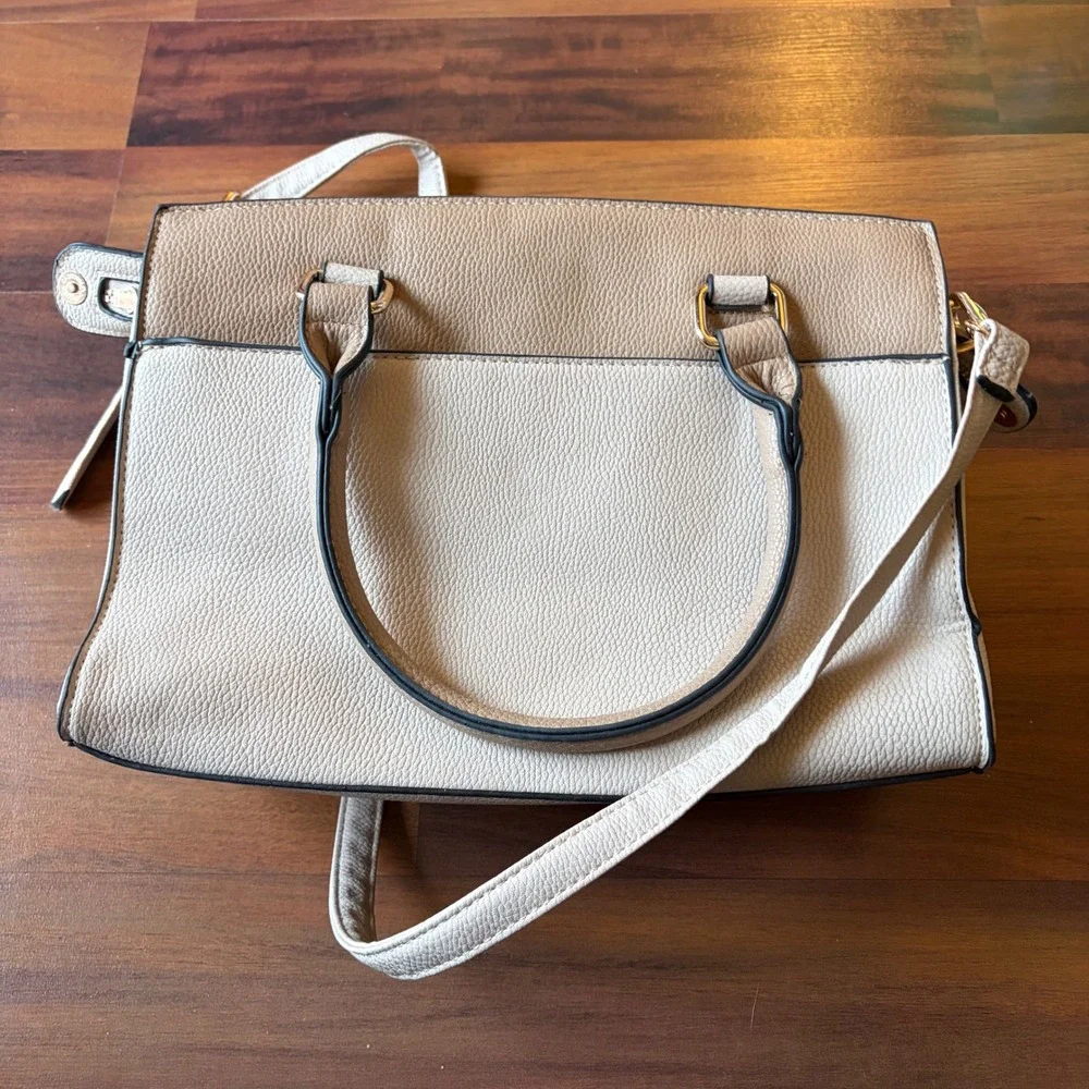 Kate & Alex Cutlery Two Tone Satchel Handbag Beige Tan Crossbody Strap‎